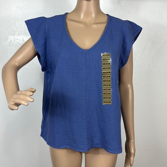 Three Dots Short Sleeve V-Neck Double Layer Cotton Gauze Shirt Size M - Picture 2 of 9